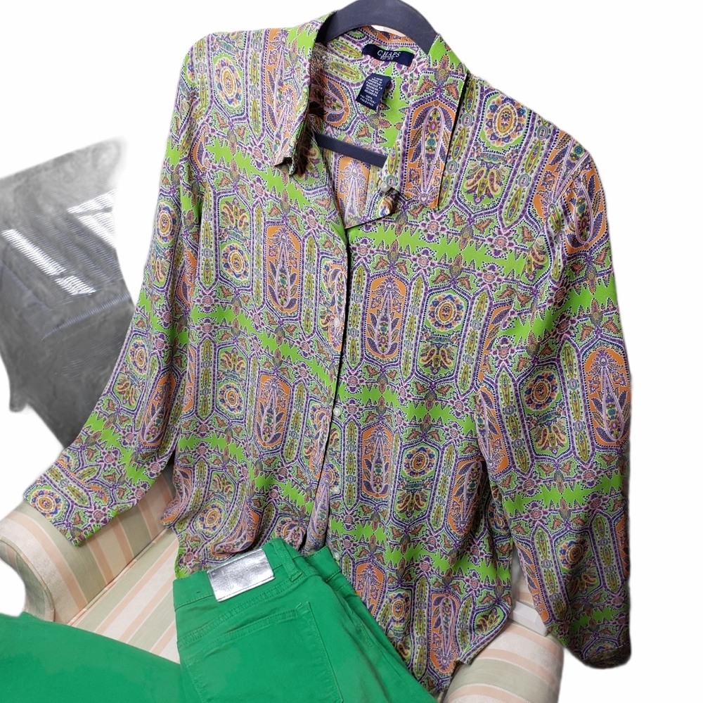 Vintage Button Down Tunic Tile Print Chaps Blouse Exotic Neon Hippie Mod Ethnic